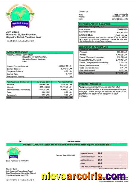 Laos Nayoby Bank mortgage statement Word and PDF template